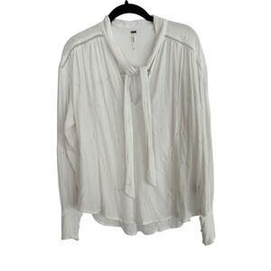 Free People Women's‎ S Top V Neck Long Sleeve Embroidered Blouse Shirt Ivory Tie